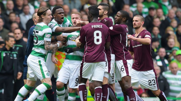 Celtic and Hearts players clash, although the match was generally played in a good spirit