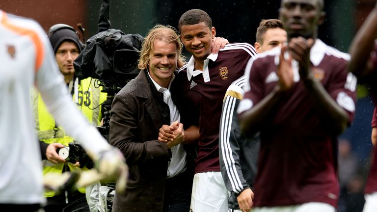 Hearts head coach Robbie Neilson (left) celebrates with match winner Osman Sow at full time after his last minute winner against Rangers.