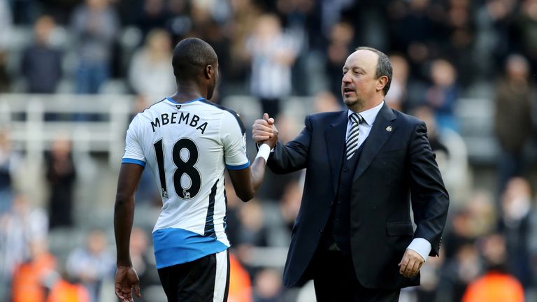 Newcastle United manager Rafael Benitez congratulates Chancel Mbemba