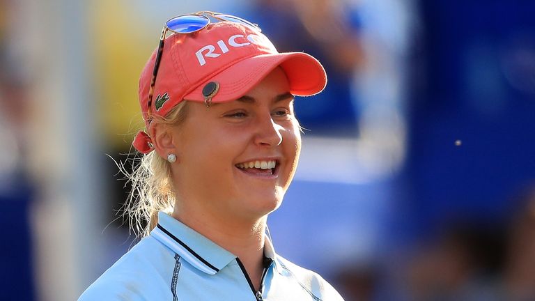 RANCHO MIRAGE, CALIFORNIA - APRIL 03: Charley Hull of England reacts after her final putt at the 18th hole during the 2016 ANA Inspiration Championship at 