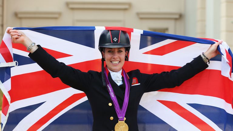 Charlotte Dujardin celebrates her London 2012 gold medal