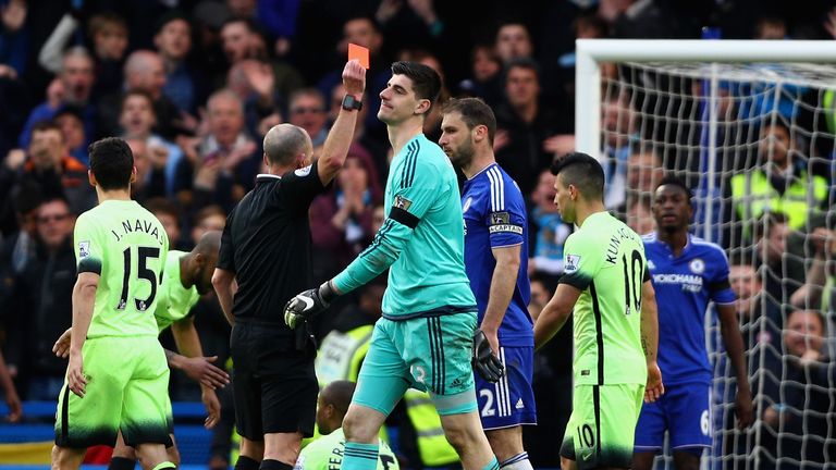 LONDON, ENGLAND - APRIL 16:  Thibaut Courtois of Chelsea leaves the pitch following recieving a red card  during the Barclays Premier League match between 