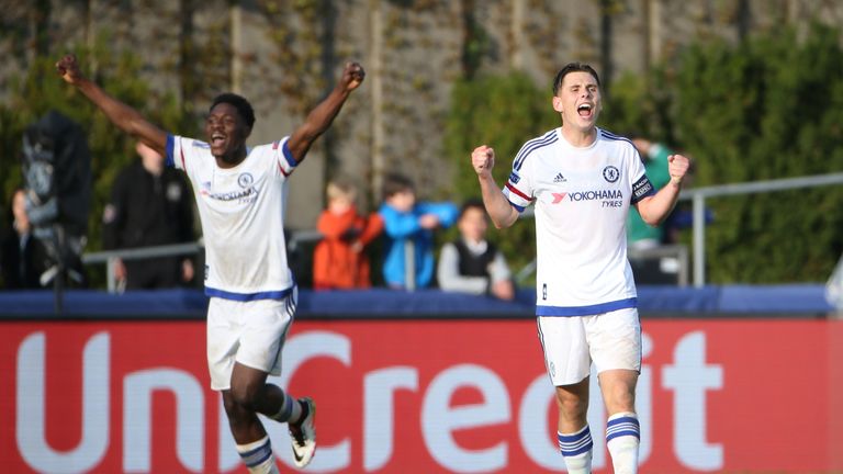 Charlie Colkett of Chelsea FC (R) celebrates victory after the UEFA Youth League Final match between Paris Saint Germain and Chelsea FC at Colovray Stadion