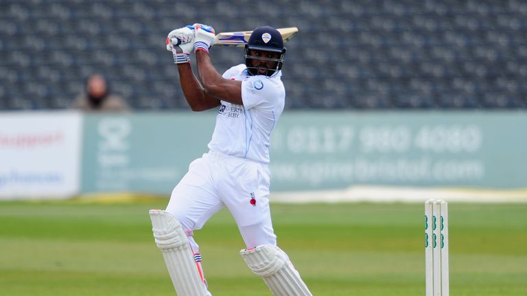 Chesney Hughes cuts the ball during the County Championship Division Two match between Gloucestershire and Derbyshire at The County Ground