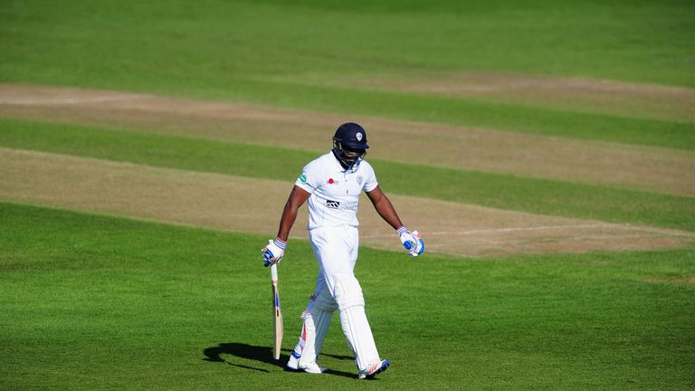Chesney Hughes of Derbyshire cuts a dejected figure after being dismissed for 96 against Gloucestershire