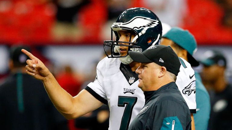 Sam Bradford #7 talks to former head coach of the Philadelphia Eagles Chip Kelly