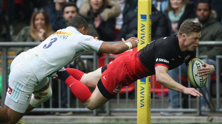Chris Ashton scores one of his two tries for Saracens against Harlequins