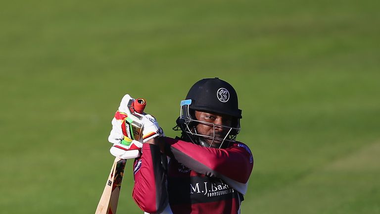 TAUNTON, ENGLAND - JUNE 05: Chris Gayle of Somerset  during the NatWest T20 Blast match between Somerset and Hampshire at The County Ground on June 5, 2015