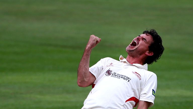 Clint McKay of Leicestershire celebrates