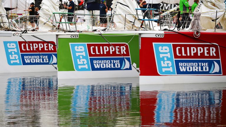 Clipper 70 racing yachts wait in St Katharine Docks