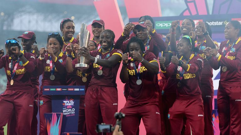 West Indies lift the trophy after winning the Women's ICC World Twenty20 2016