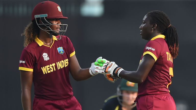 West Indies's Hayley Matthews (left) and Stafanie Taylor pump fists
