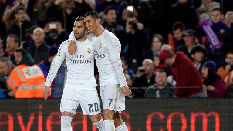 Cristiano Ronaldo (R) celebrates a goal with Real Madrid's forward Jese Rodriguez 