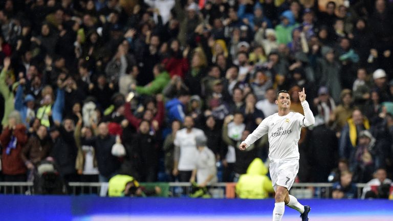 Real Madrid's Portuguese forward Cristiano Ronaldo celebrates after scoring a goal