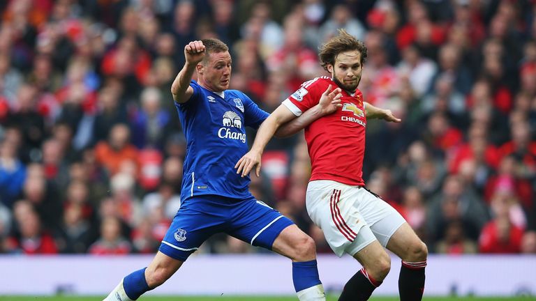 Daley Blind of Manchester United battles with James McCarthy of Everton