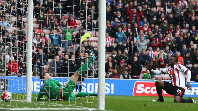 Dame N'Doye of Sunderland scores a disallowed goal in the fourth minute of injury time