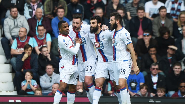 Damien Delaney of Crystal Palace celebrates scoring his team's first goal against West Ham