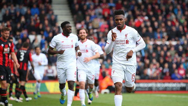  Daniel Sturridge of Liverpool celebrates after scoring his team's second goal 