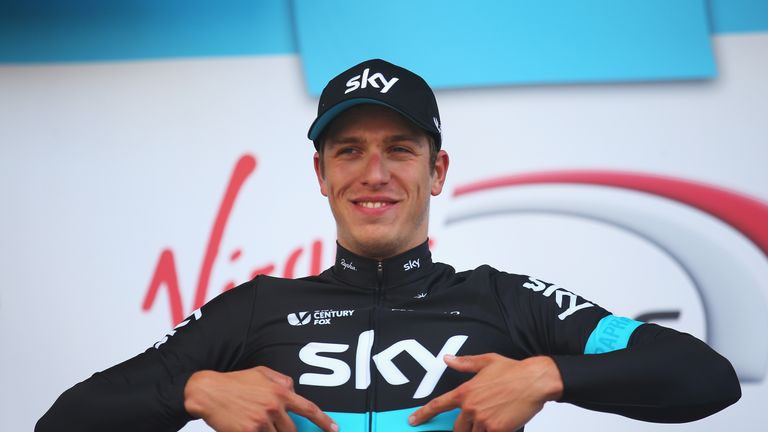 Danny Van Poppel of Team Sky and the Netherlands celebrates winning the second stage of the 2016 Tour de Yorkshire between 