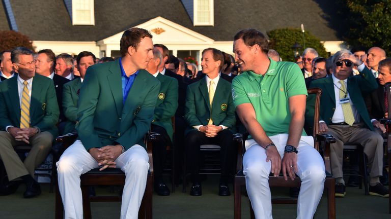 Jordan Spieth chats to Danny Willett at the presentation ceremony 