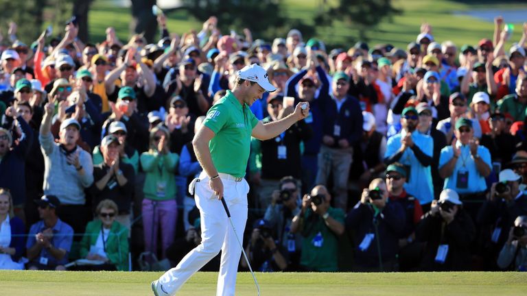 Danny Willett of England reacts after finishing on the 18th green during the final round of the 2016 Masters