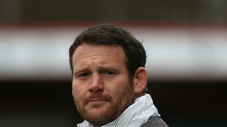 STEVENAGE, ENGLAND - MARCH 19:  Stevenage manager Darren Sarll looks on during the Sky Bet League Two match 