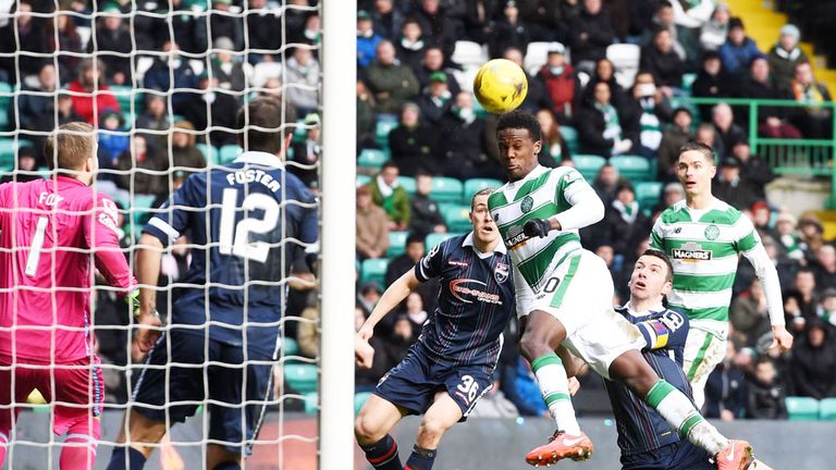 Dedryck Boyata scores for Celtic in the last meeting with Ross County which ended in a 2-0 victory