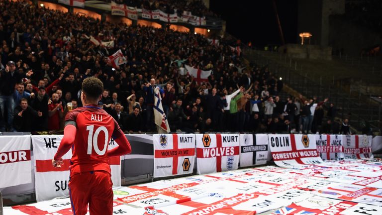 Dele Alli thanks England fans after the 3-2 win over Germany in Berlin