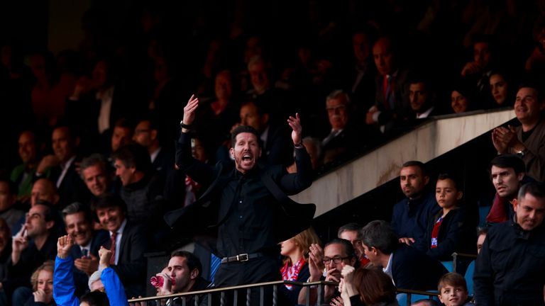 MADRID, SPAIN - APRIL 23:  Head coach Diego Pablo Simeone of Atletico de Madrid enocourages the crowd from the grandstands expelled by refree Mateu Lahoz d