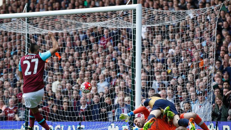 West Ham's Dimitri Payet shoots to score a goal, that was disallowed, during the Premier League Arsenal at The Boleyn Ground in Upton Park