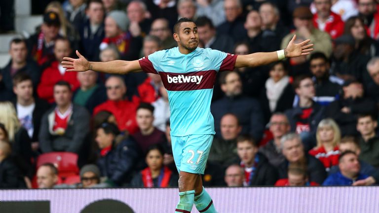 Dimitri Payet of West Ham United celebrates as he scores their first goal from a free kick during the Emirates FA Cup 