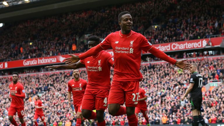Liverpool's Divock Origi celebrates scoring his side's third goal of the game 