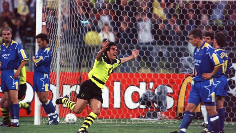Borrusia Dortmund's Karl-Heinz Riedle celebrates scoring against Juventus