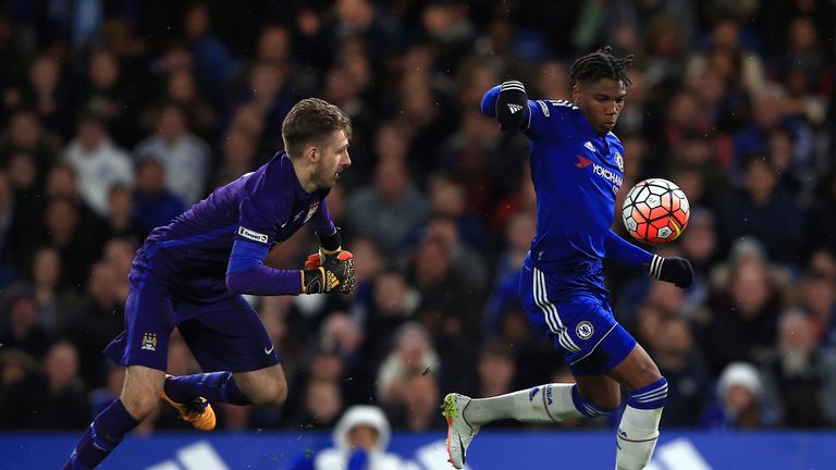 Chelsea's Dujon Sterling rounds Manchester City goalkeeper Daniel Grimshaw to score, FA Youth Cup final second leg