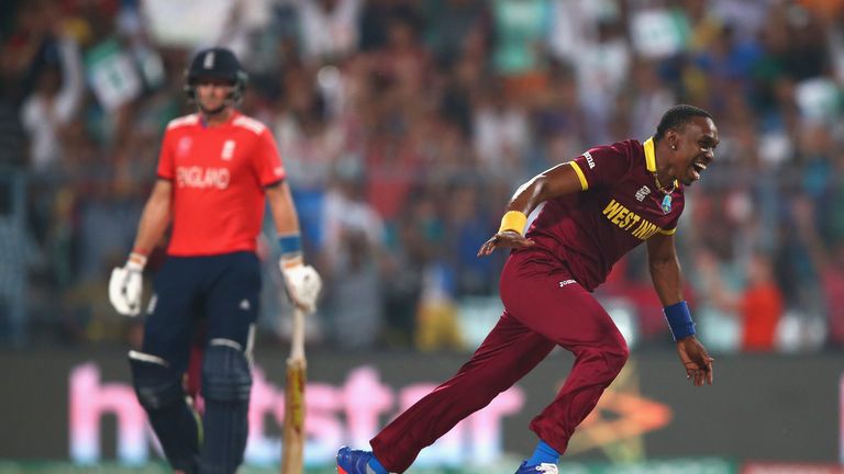 Dwayne Bravo of the West Indies celebrates after taking the wicket of Moeen Ali of England during the ICC World Twenty20 
