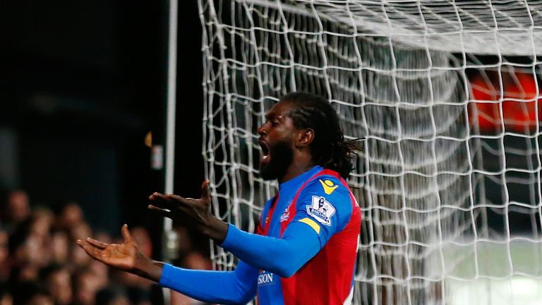 Emmanuel Adebayor of Crystal Palace reacts after a missed chance during the Premier League match against Everton at Selhurst Park