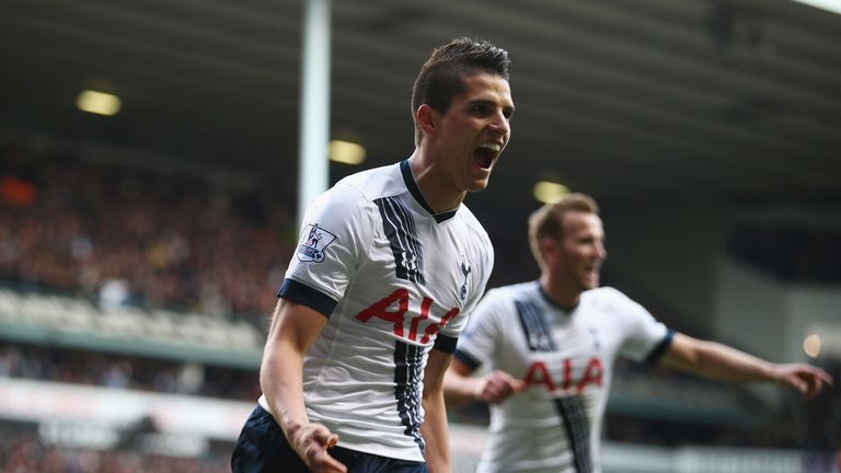 Erik Lamela of Tottenham Hotspur celebrates as he scores their third goal