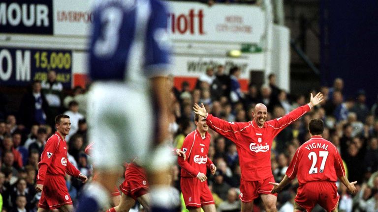 16 Apr 2001:  Gary McAllister of Liverpool celebrates after scoring the winning goal against Everton in the Premier League match at Goodison Park