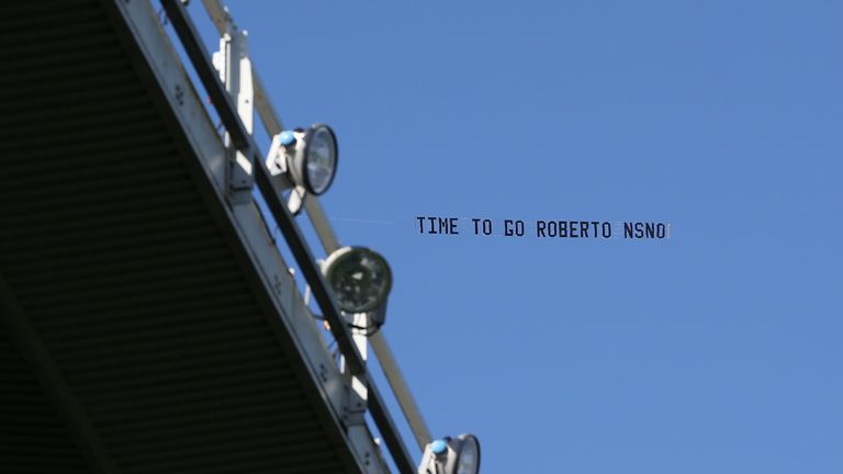 Everton supporters flew a banner from a plane protesting against manager Roberto Martinez during their side's win over Bournemouth