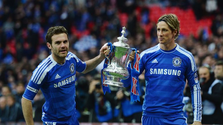 Juan Mata parades the FA Cup alongside former Chelsea team-mate Fernando Torres 