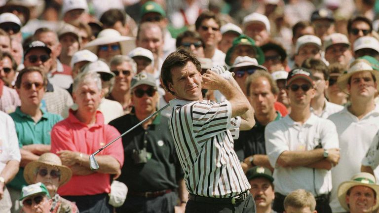 Nick Faldo tees off at the third hole during the final round of the 1996 Masters at Augusta National Golf Club