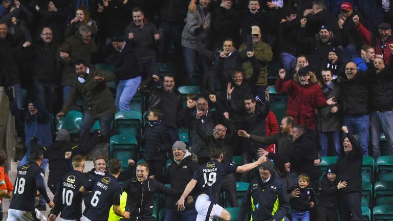 Falkirk's Bob McHugh (19) celebrates his last-minute equaliser at Easter Road
