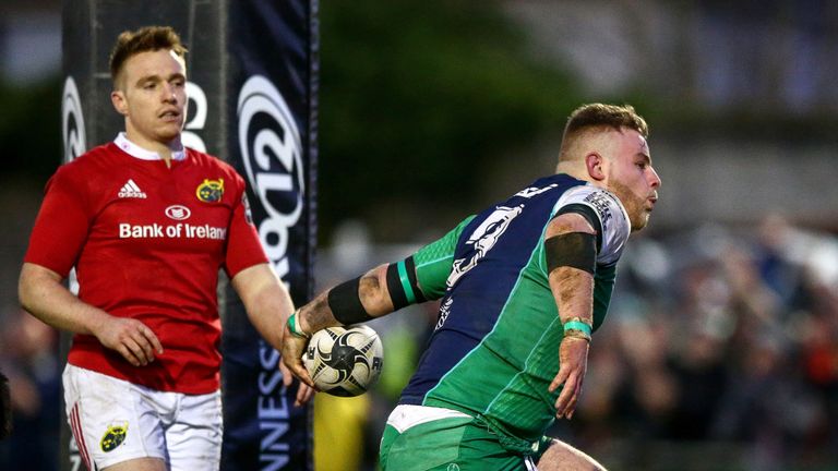 Connacht's Finlay Bealham celebrates after scoring