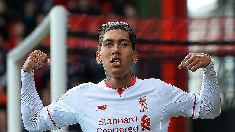 Roberto Firmino celebrates scoring Liverpool's first goal against Bournemouth