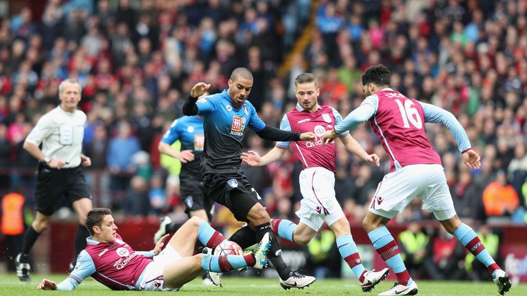 Lewis Grabban of Bournemouth controls the ball under pressure of Aston Villa defence