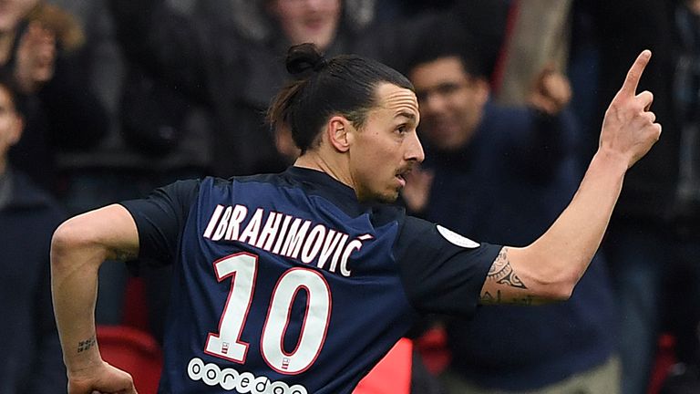 Paris Saint-Germain forward Zlatan Ibrahimovic celebrates