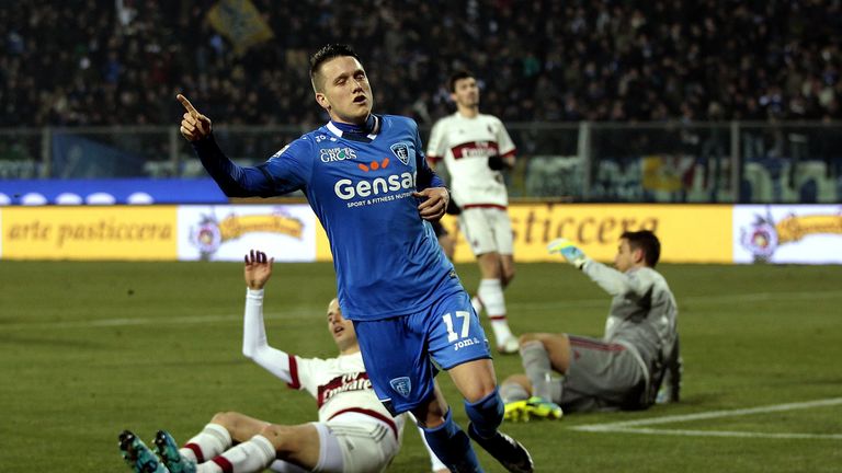 Piotr Zielinski celebrates after scoring a goal during the Serie A match between Empoli FC and AC Milan