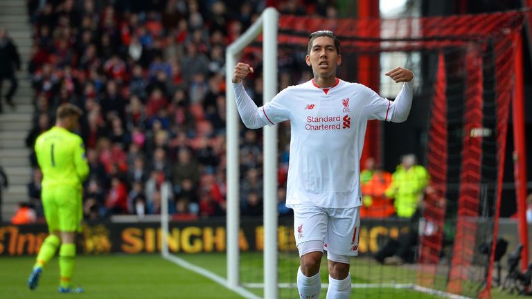 Roberto Firmino celebrates scoring in match between Bournemouth and Liverpool