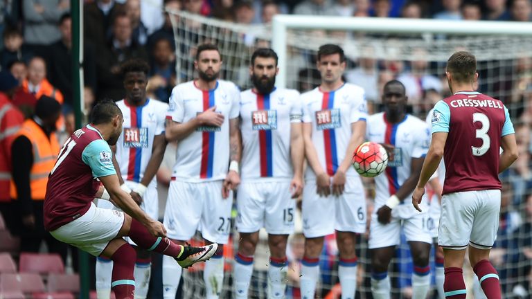 Dimitri Payet of West Ham scores his team's second goal against Crystal Palace