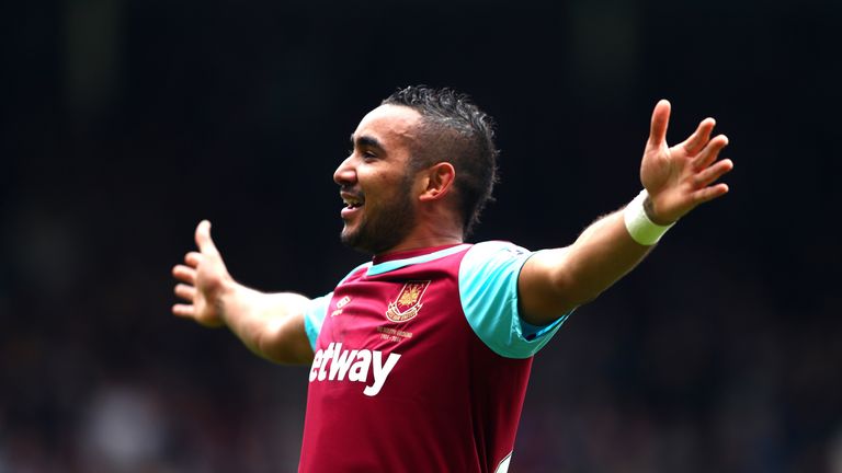 Dimitri Payet of West Ham celebrates scoring his team's second goal against Crystal Palace